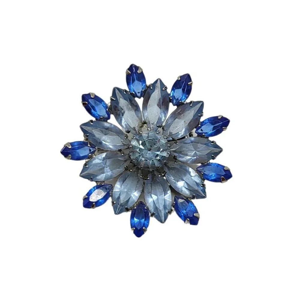 Blue Glass Dual Tone Rhinestone Silver Tone Flower Brooch Vintage 1.75"